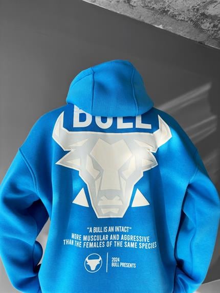 Erkek Oversize Bull Baskılı Hoodie Mavi