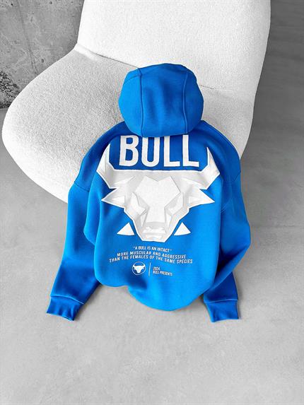 Erkek Oversize Bull Baskılı Hoodie Mavi