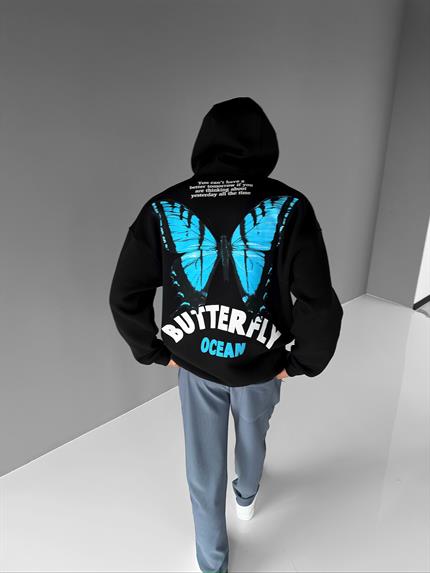 Erkek Oversize Butterfly Baskılı Kapüşonlu Hoodie Siyah