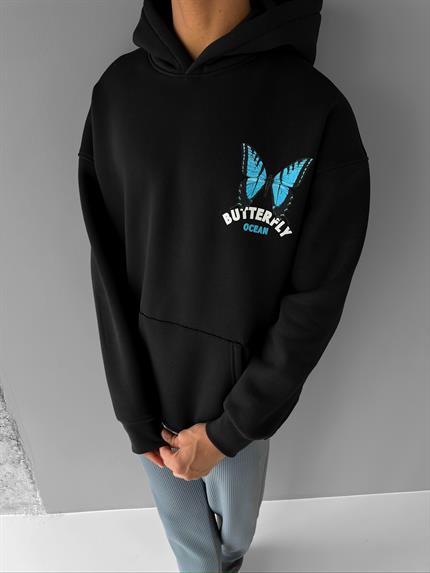 Erkek Oversize Butterfly Baskılı Kapüşonlu Hoodie Siyah