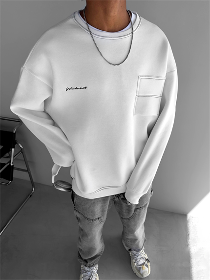 Erkek Oversize Cep Detaylı Sweatshirt Beyaz