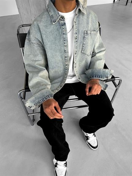 Erkek Oversize Cepli Denim Gömlek Buz Mavi