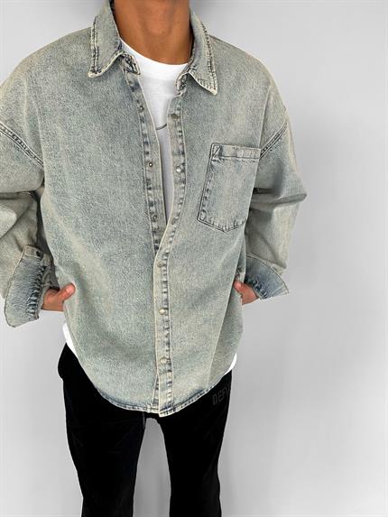 Erkek Oversize Cepli Denim Gömlek Buz Mavi