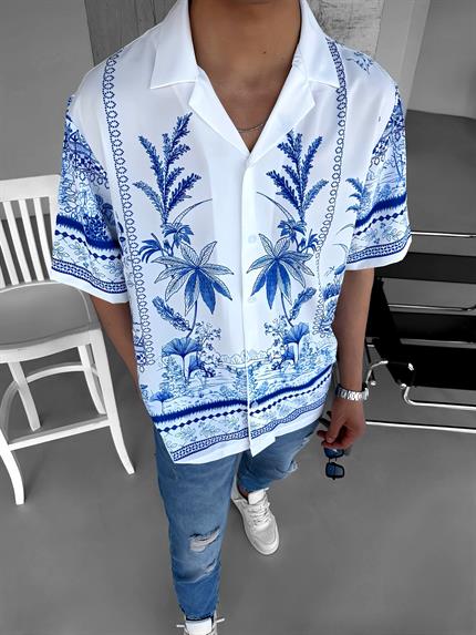 Erkek Oversize Çiçek Desenli Küba Yaka Kısa Kol Gömlek Ekru