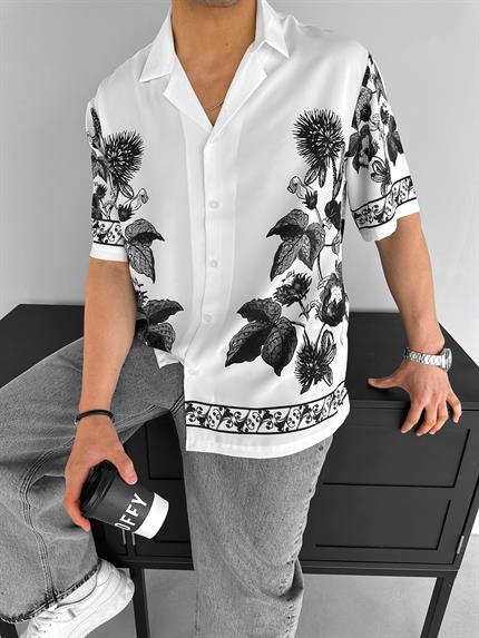Erkek Oversize Motifli Küba Yaka Kısa Kol Gömlek Ekru