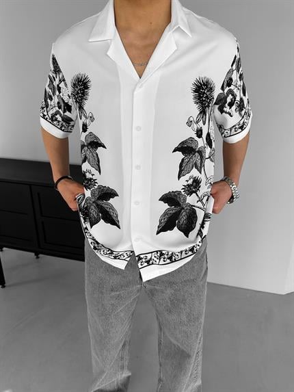 Erkek Oversize Motifli Küba Yaka Kısa Kol Gömlek Ekru