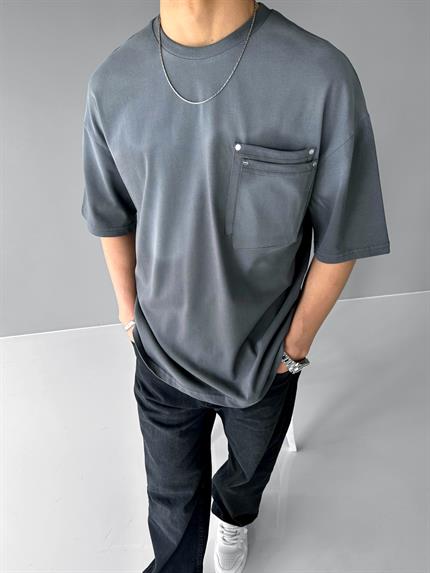 Erkek Oversize Çift Katman Cepli T-Shirt Füme