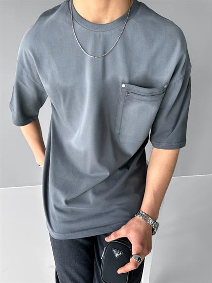 Erkek Oversize Çift Katman Cepli T-Shirt Füme