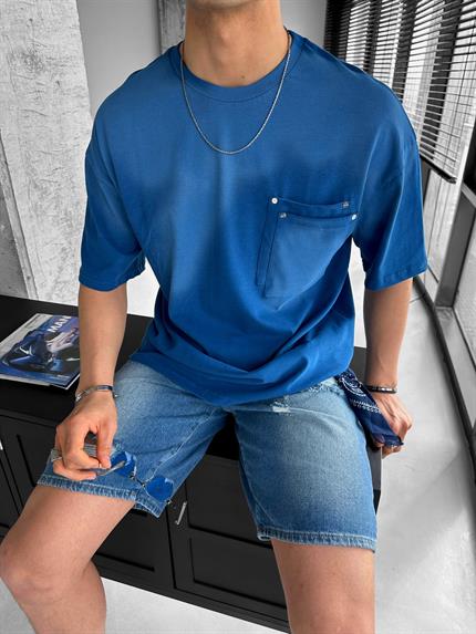 Erkek Oversize Çift Katman Cepli T-Shirt Mavi