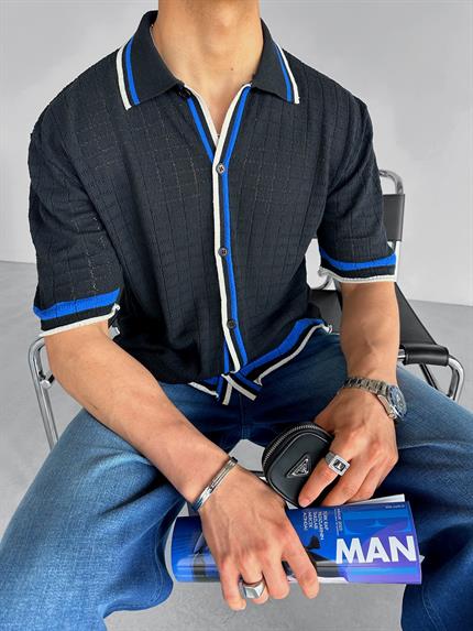 Erkek Oversize Örme Desenli Gömlek Siyah