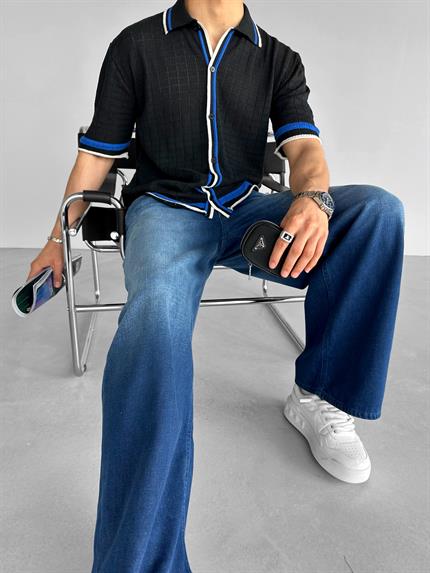 Erkek Oversize Örme Desenli Gömlek Siyah