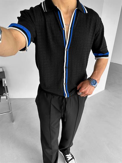 Erkek Oversize Örme Desenli Gömlek Siyah