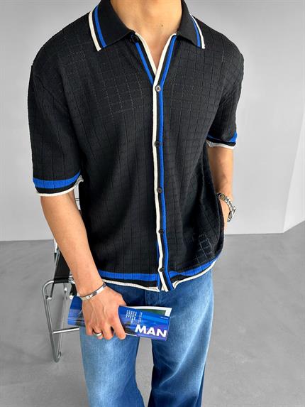 Erkek Oversize Örme Desenli Gömlek Siyah