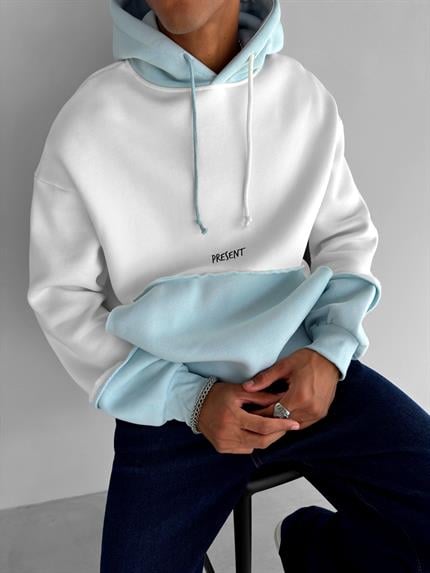 Erkek Oversize Çift Renkli Kapüşonlu Sweatshirt Bebek Mavi