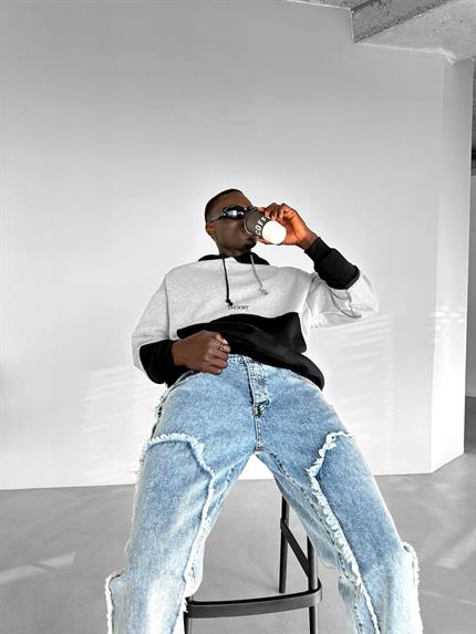 Erkek Oversize Çift Renkli Kapüşonlu Sweatshirt Gri