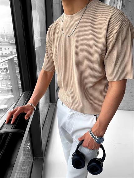 Erkek Oversize Çizgi Desenli Esnek Ve Hafif Rahat Yazlık T-Shirt Bej