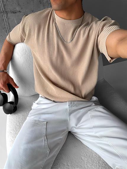 Erkek Oversize Çizgi Desenli Esnek Ve Hafif Rahat Yazlık T-Shirt Bej