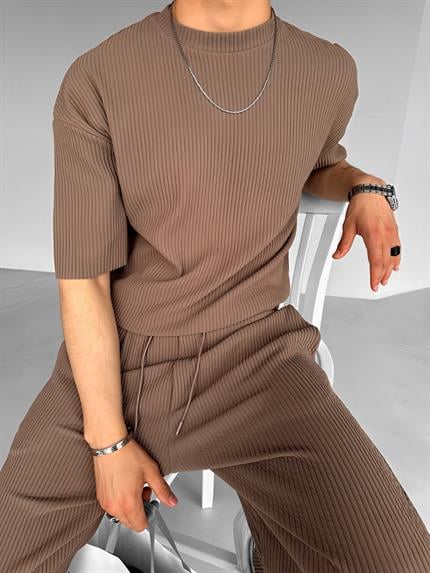 Erkek Oversize Çizgi Desenli Esnek Ve Hafif Rahat Yazlık T-Shirt Açık Kahve