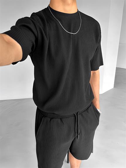 Erkek Oversize Çizgi Desenli Esnek Ve Hafif Rahat Yazlık T-Shirt Siyah