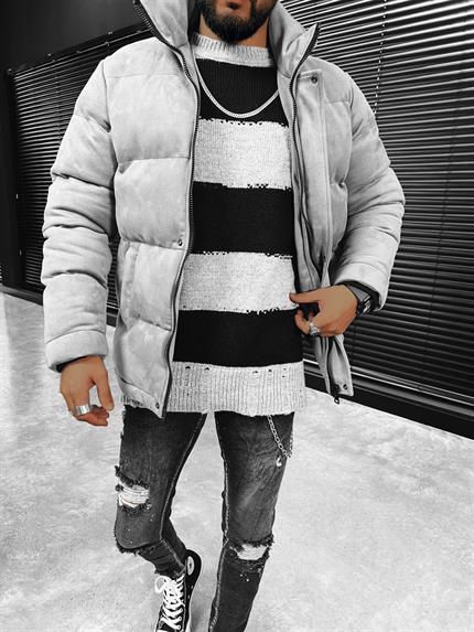 Erkek Oversize Çizgili Kazak Gri