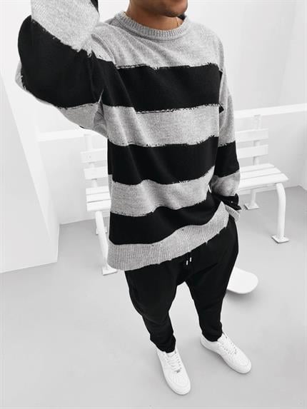 Erkek Oversize Çizgili Kazak Gri