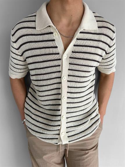 Erkek Oversize Çizgili Polo Yaka Örme Gömlek Kahve