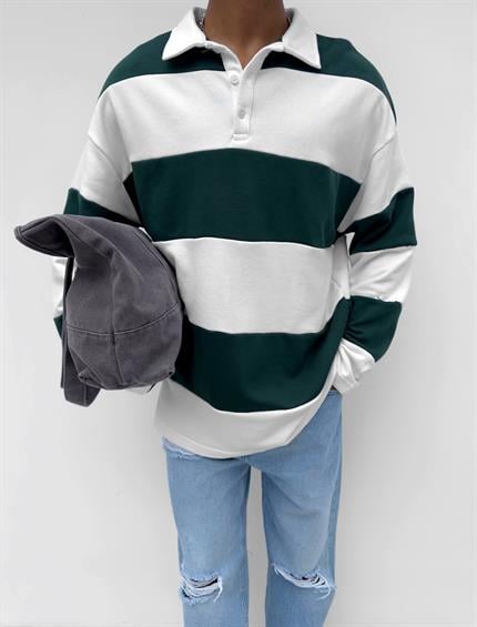 Erkek Oversize Çizgili Sweatshirt Yeşil