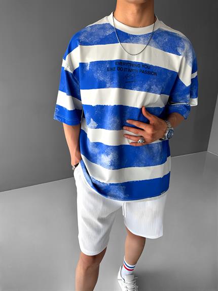Erkek Oversize Çizgili Yuvarlak Yaka Pamuklu T-Shirt Mavi