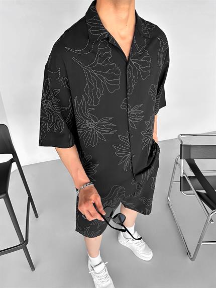 Erkek Oversize Desen Baskılı Gömlek Siyah