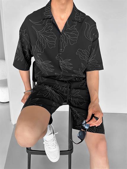 Erkek Oversize Desen Baskılı Gömlek Siyah