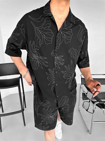 Erkek Oversize Desen Baskılı Gömlek Siyah