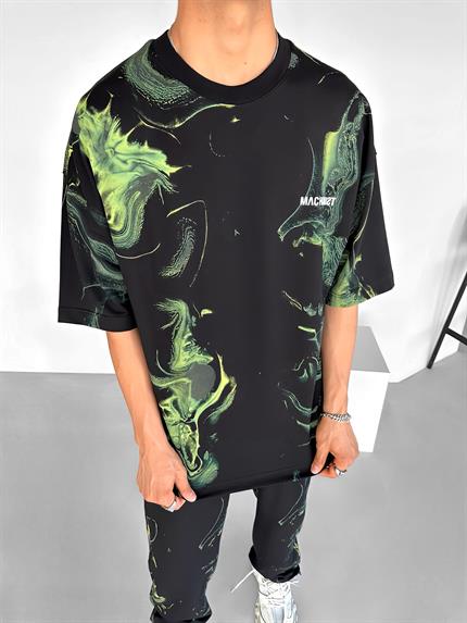 Erkek Oversize Desen Baskılı Premium T-Shirt Siyah