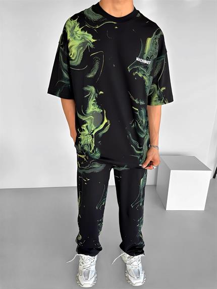 Erkek Oversize Desen Baskılı Premium T-Shirt Siyah