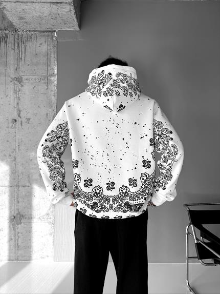 Erkek Oversize Desenli Kapüşonlu Sweatshirt Beyaz