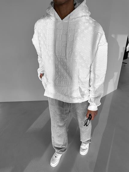 Erkek Oversize Desenli Kapüşonlu Sweatshirt Beyaz