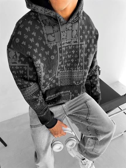 Erkek Oversize Desenli Kapüşonlu Sweatshirt Siyah