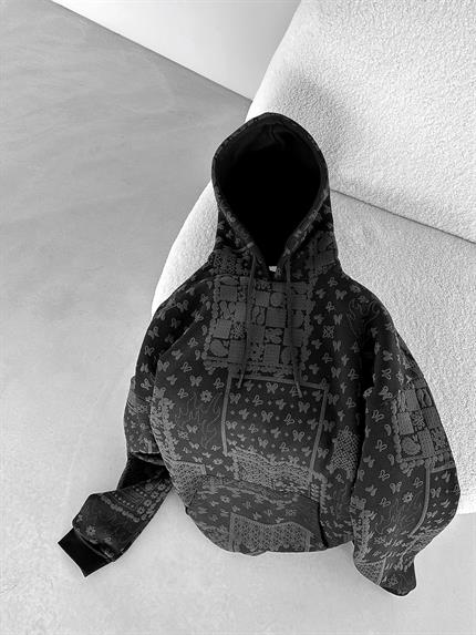 Erkek Oversize Desenli Kapüşonlu Sweatshirt Siyah