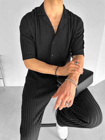 Erkek Oversize Desenli Küba Yaka Gömlek Siyah