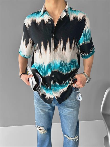 Erkek Oversize Desenli Küba Yaka Kısa Kol Gömlek Siyah