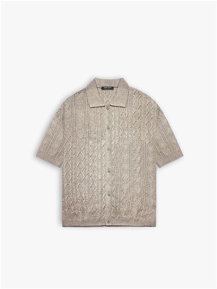 Erkek Oversize Desenli Örme Gömlek Bej