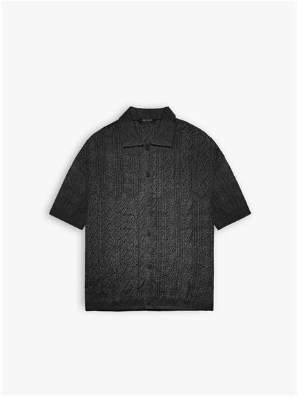 Erkek Oversize Desenli Örme Gömlek Siyah