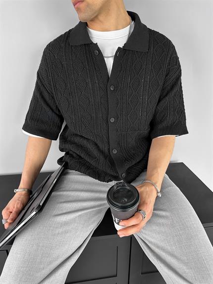 Erkek Oversize Desenli Örme Gömlek Siyah