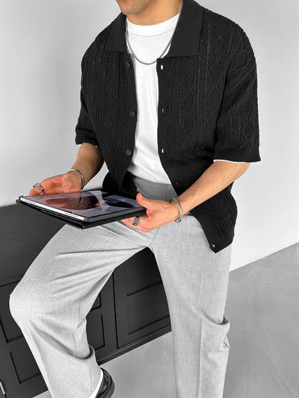 Erkek Oversize Desenli Örme Gömlek Siyah