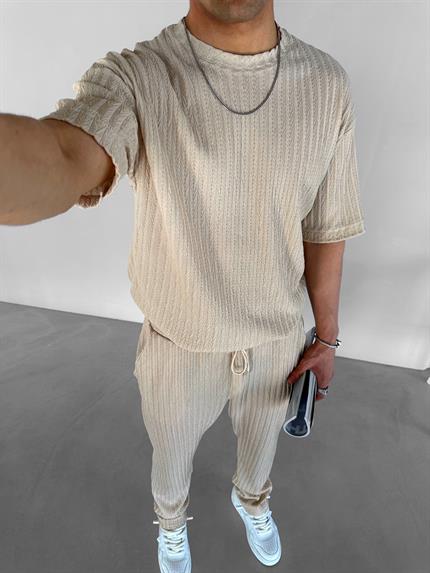 Erkek Oversize Desenli T-Shirt Bej