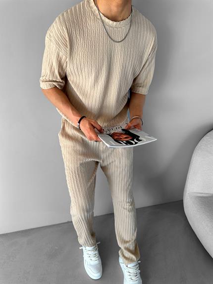 Erkek Oversize Desenli T-Shirt Bej