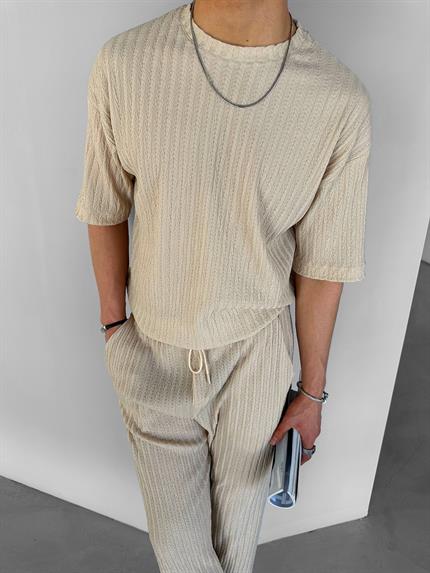 Erkek Oversize Desenli T-Shirt Bej