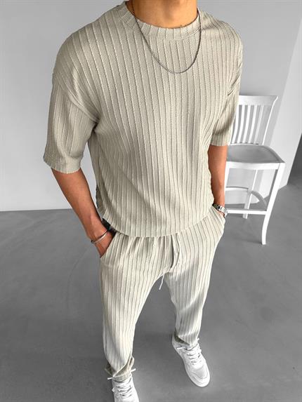 Erkek Oversize Desenli Triko T-Shirt Gri