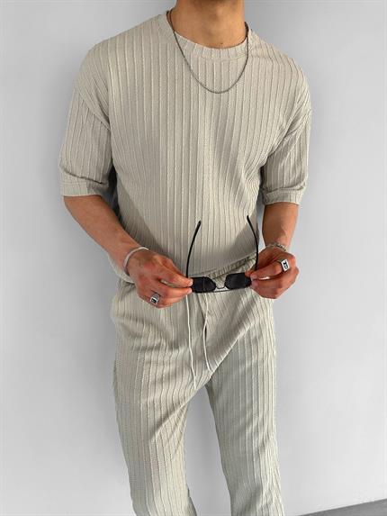 Erkek Oversize Desenli Triko T-Shirt Gri