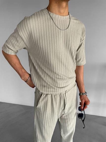 Erkek Oversize Desenli Triko T-Shirt Gri