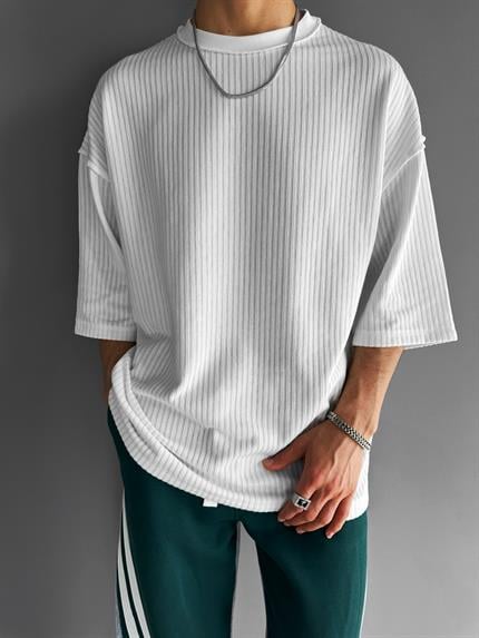 Erkek Oversize Dikiş Detaylı T-Shirt Beyaz